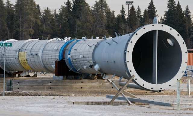 A cyclindrical component sits on blocks at the site where a canceled BA Energy upgrader would have been located, west of Bruderheim, Alberta on Jan. 11, 2012. The site is east of a pumping station to be built by Enbridge pending approval of the Northern Gateway pipeline. The Enbridge project is undergoing a review process that includes participation of hundreds of intervenor groups in Kitimat, B.C. IAN KUCERAK/EDMONTON SUN/QMI AGENCY